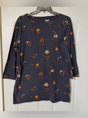 Duluth Trading Co Floral Knit 1/4 Sleeve Pullover Tunic Round Neck Medium Fall